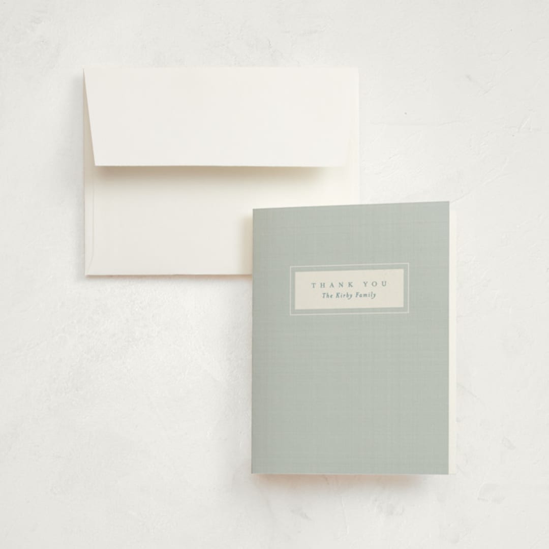 "Linen frame" - Birth Announcement Thank You Cards in Powder by Lea Delaveris - Front