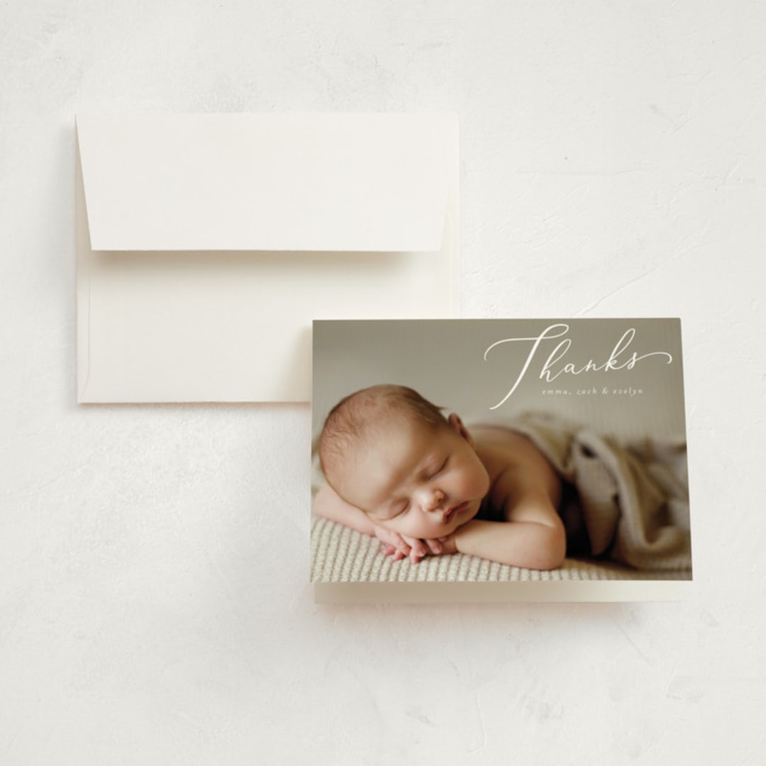 "Signature" - Birth Announcement Thank You Cards in Sage by Ashley Rosenbaum - Front