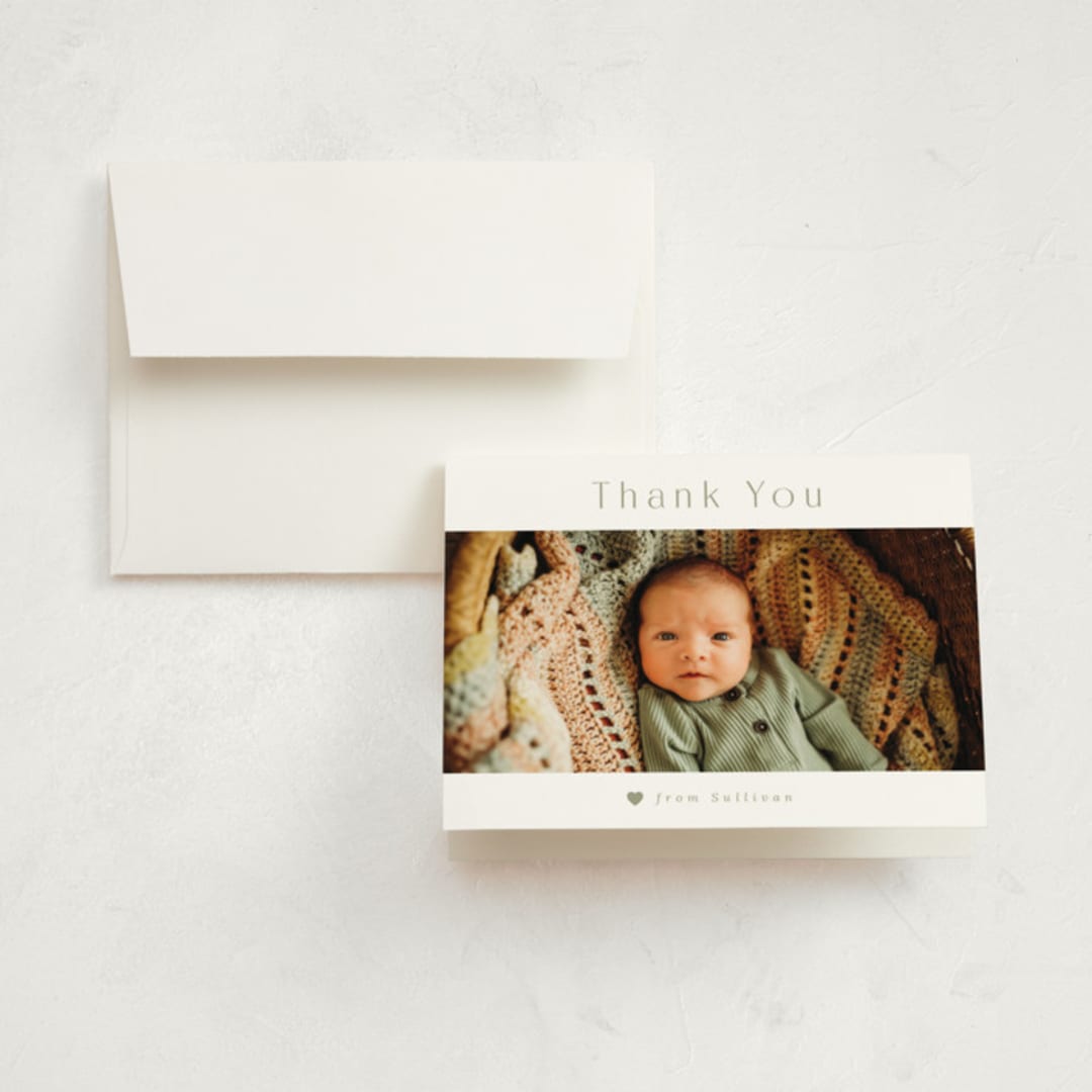 "Welcome Home" - Birth Announcement Thank You Cards in Sage by Hudson meet Rose - Front
