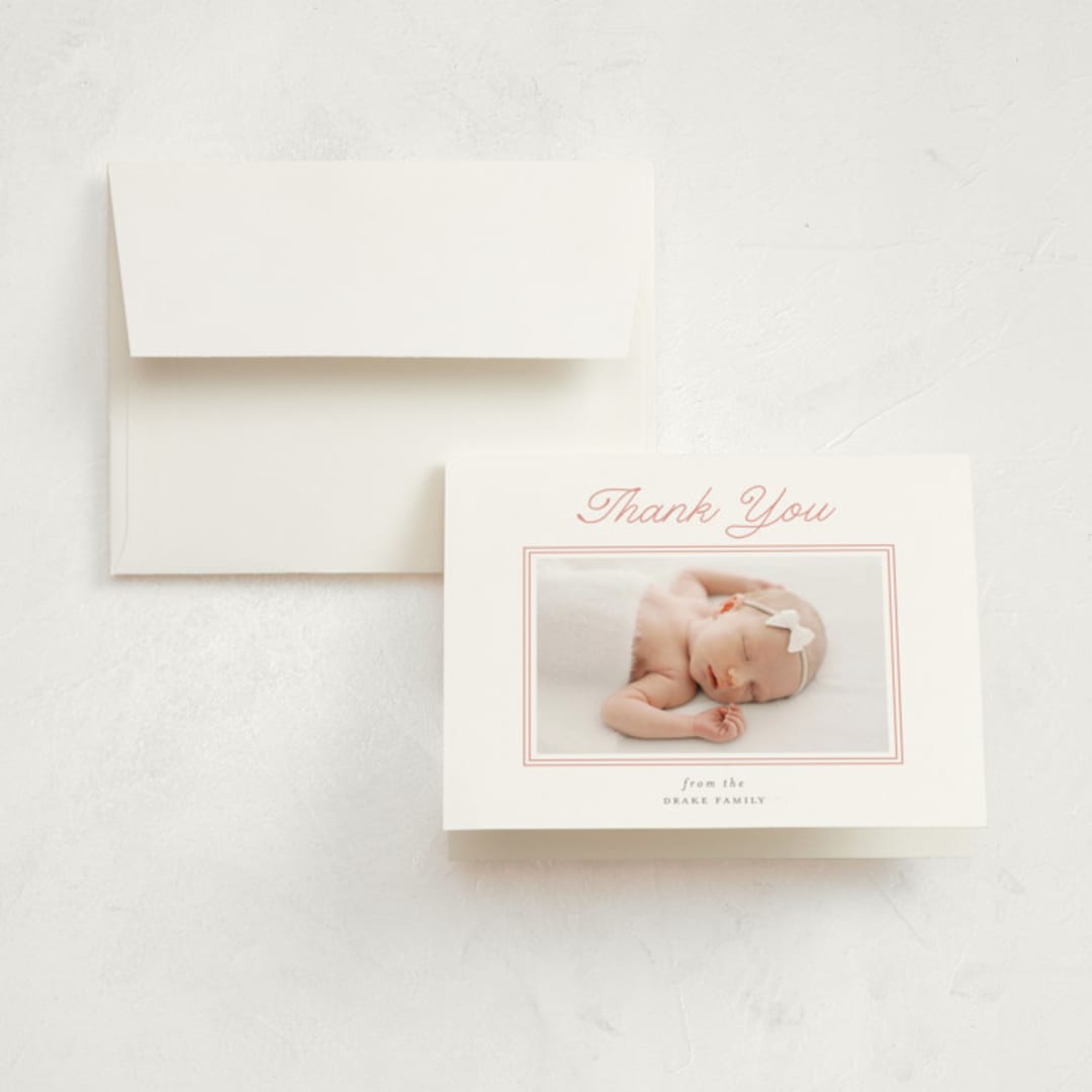 "Byline" - Birth Announcement Thank You Cards in Melon by Laura Hankins - Front