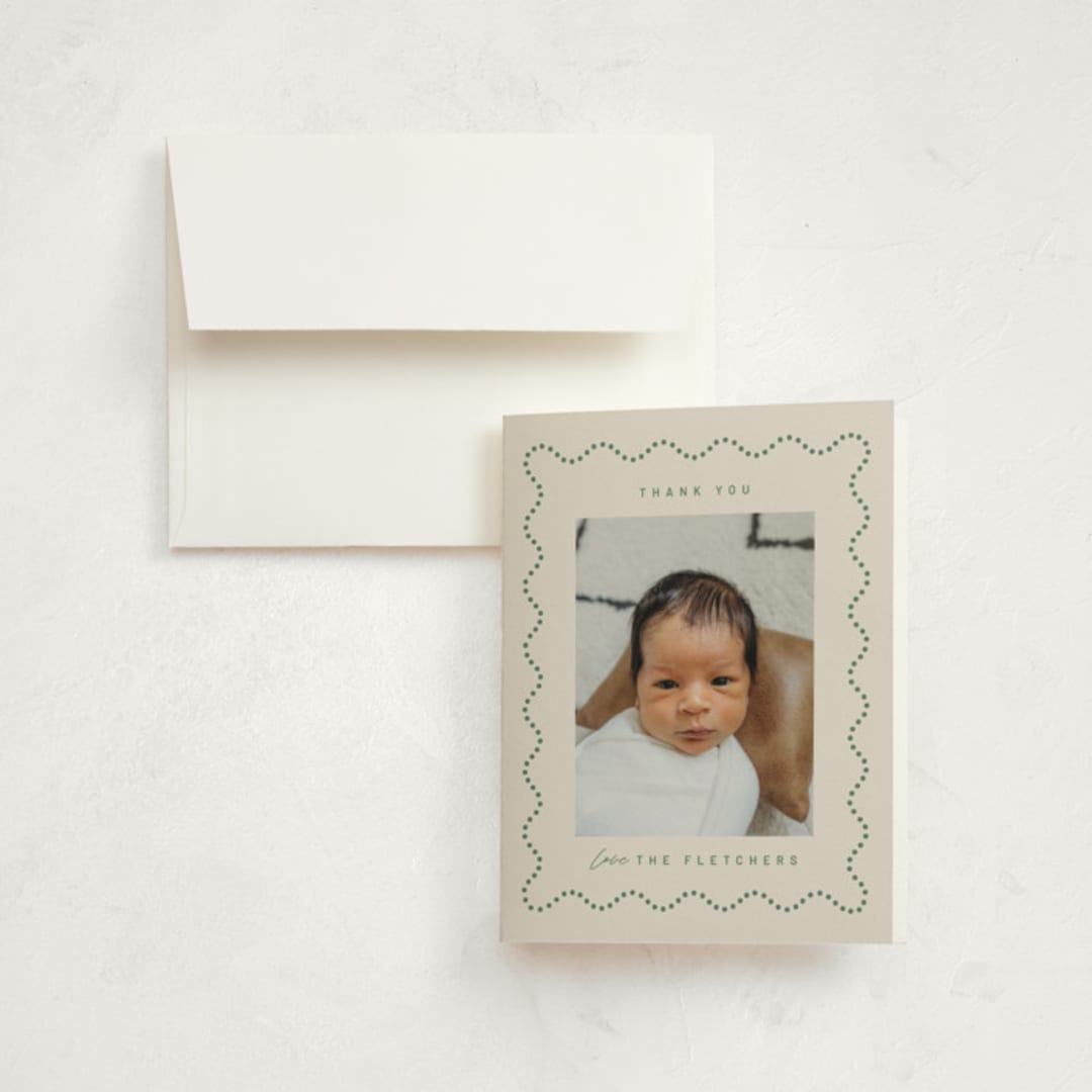 "Squiggle" - Birth Announcement Thank You Cards in Moss by Kelly Watkins - Front