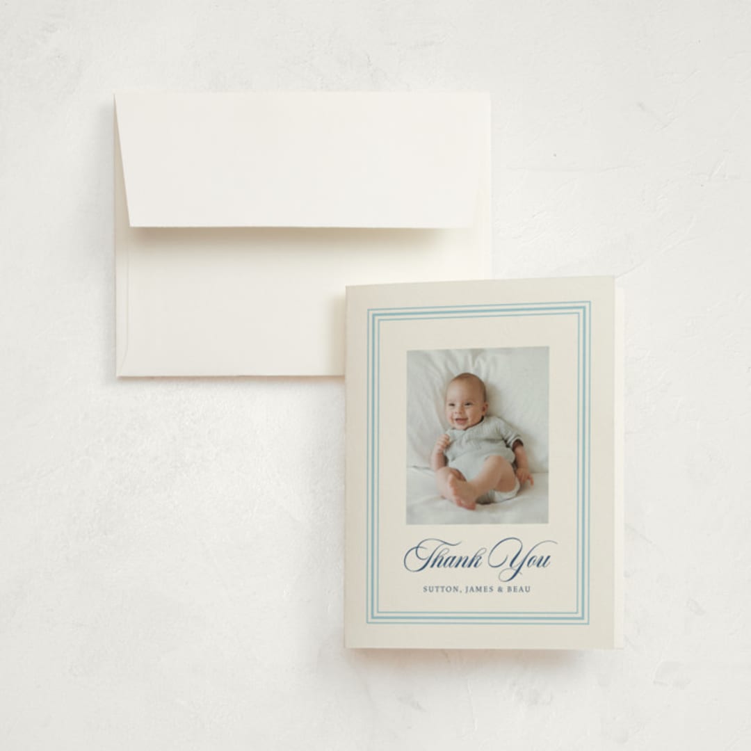 "Little Darling" - Birth Announcement Thank You Cards in Baby Blue by Alston Foster - Front