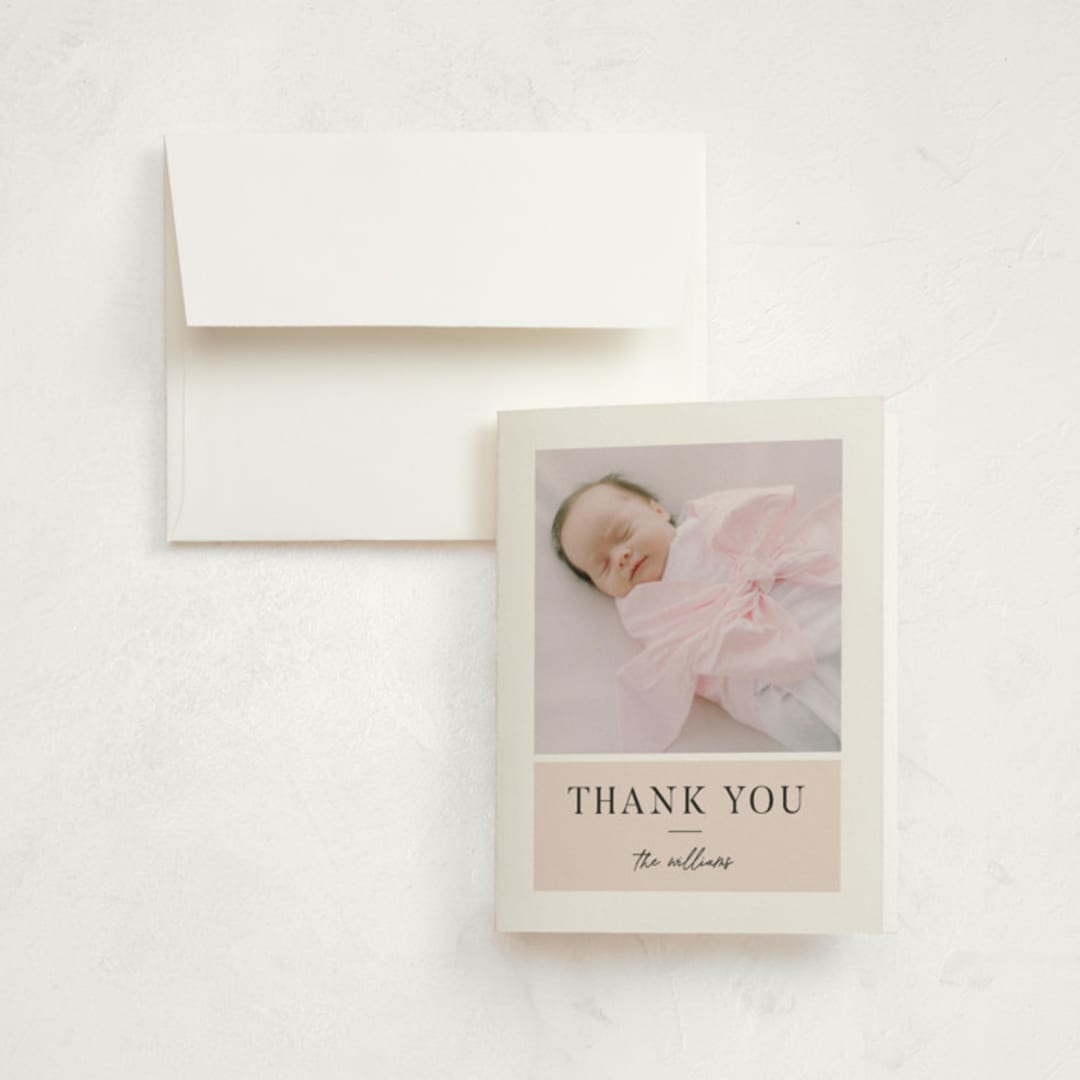 "Monogram Block" - Birth Announcement Thank You Cards in Blush by Robert and Stella - Front