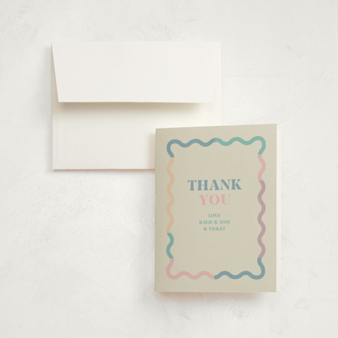 "Wavy Pastel Frame" - Birth Announcement Thank You Cards in Cream by Baumbirdy - Front
