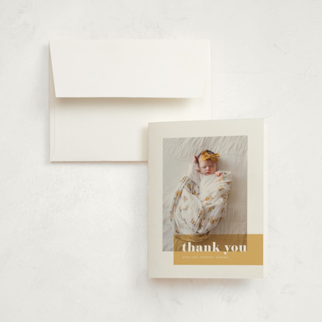 "Magazine Block" - Birth Announcement Thank You Cards in Marigold by Maria Hilas-Louie - Front