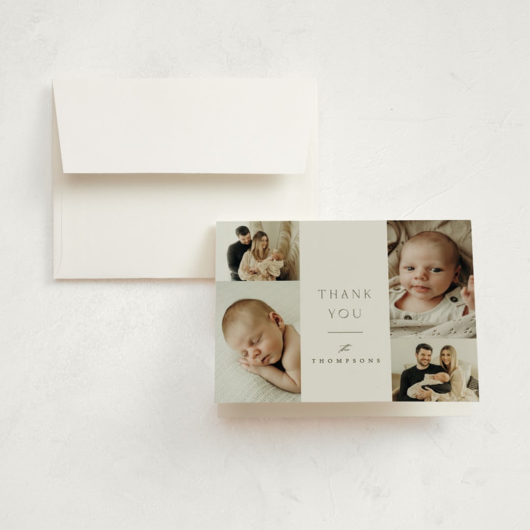 "Photo Stack" - Birth Announcement Thank You Cards in Boho Neutral by Ana Sharpe - Front