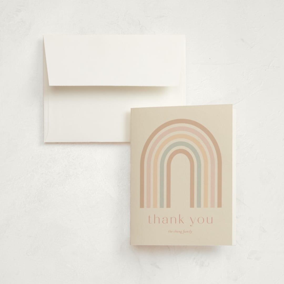 "Mod Rainbow Arch" - Birth Announcement Thank You Cards in Taupe by Ashley Iwafuchi - Front