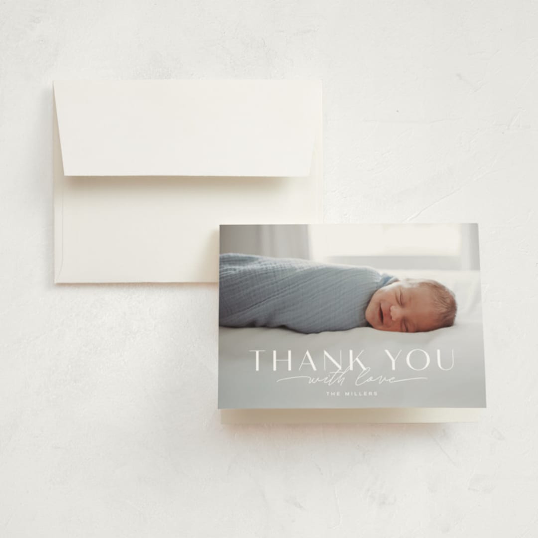 "Typographic Mix" - Birth Announcement Thank You Cards in Snow by Michelle Taylor - Front