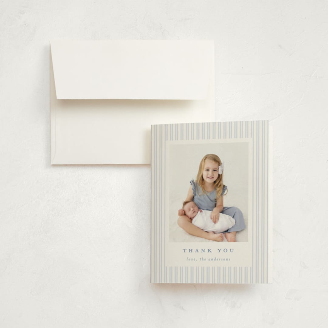 "Pinstripe Frame" - Birth Announcement Thank You Cards in Sky by Jennifer Holbrook - Front