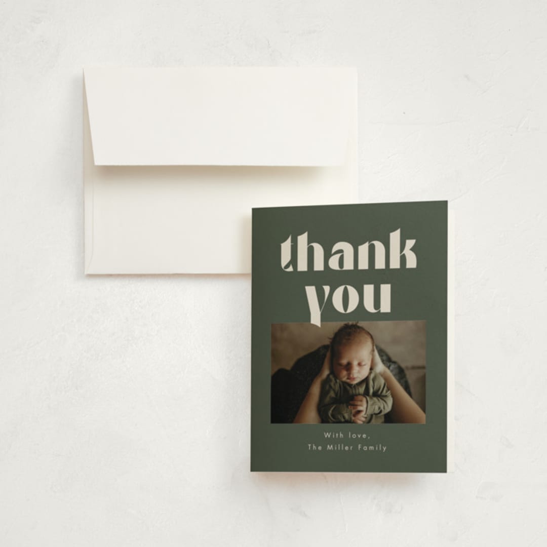 "Big Type" - Birth Announcement Thank You Cards in Forest by Kristen Knechtel - Front