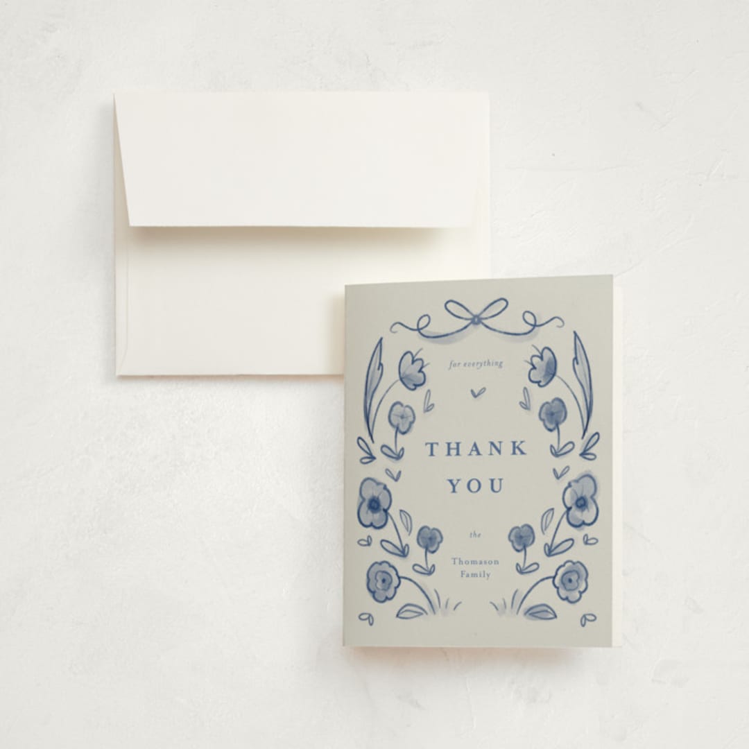 "Painted Flowers" - Birth Announcement Thank You Cards in Delft Blue by Ani Somi - Front