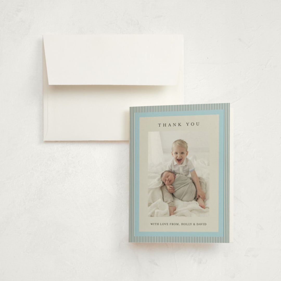 "Modern striped frame" - Birth Announcement Thank You Cards in Powder Blue by Jackie Crawford - Front