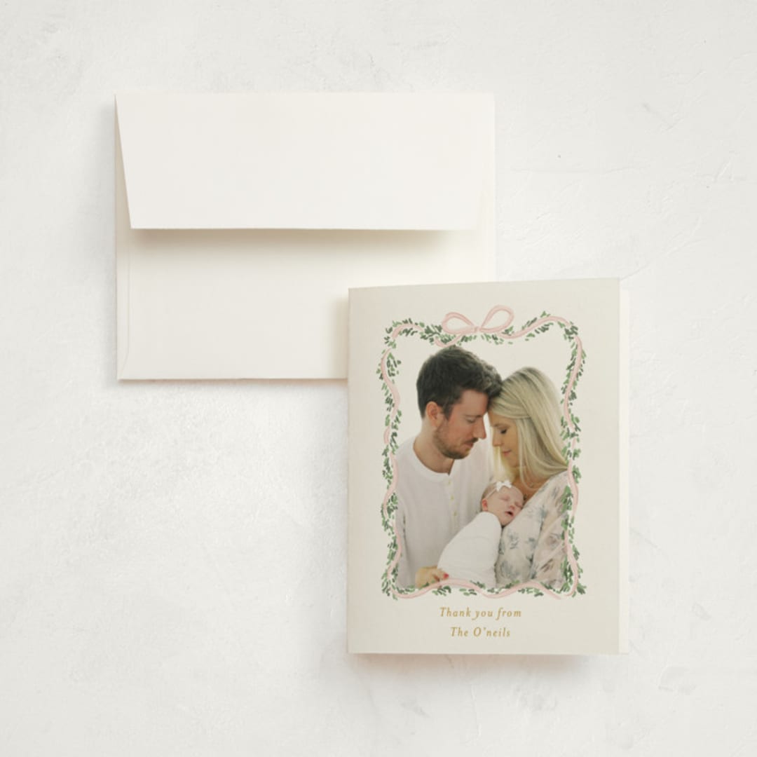 "Ribbonly Frame" - Birth Announcement Thank You Cards in Blush by Itsy Belle Studio - Front