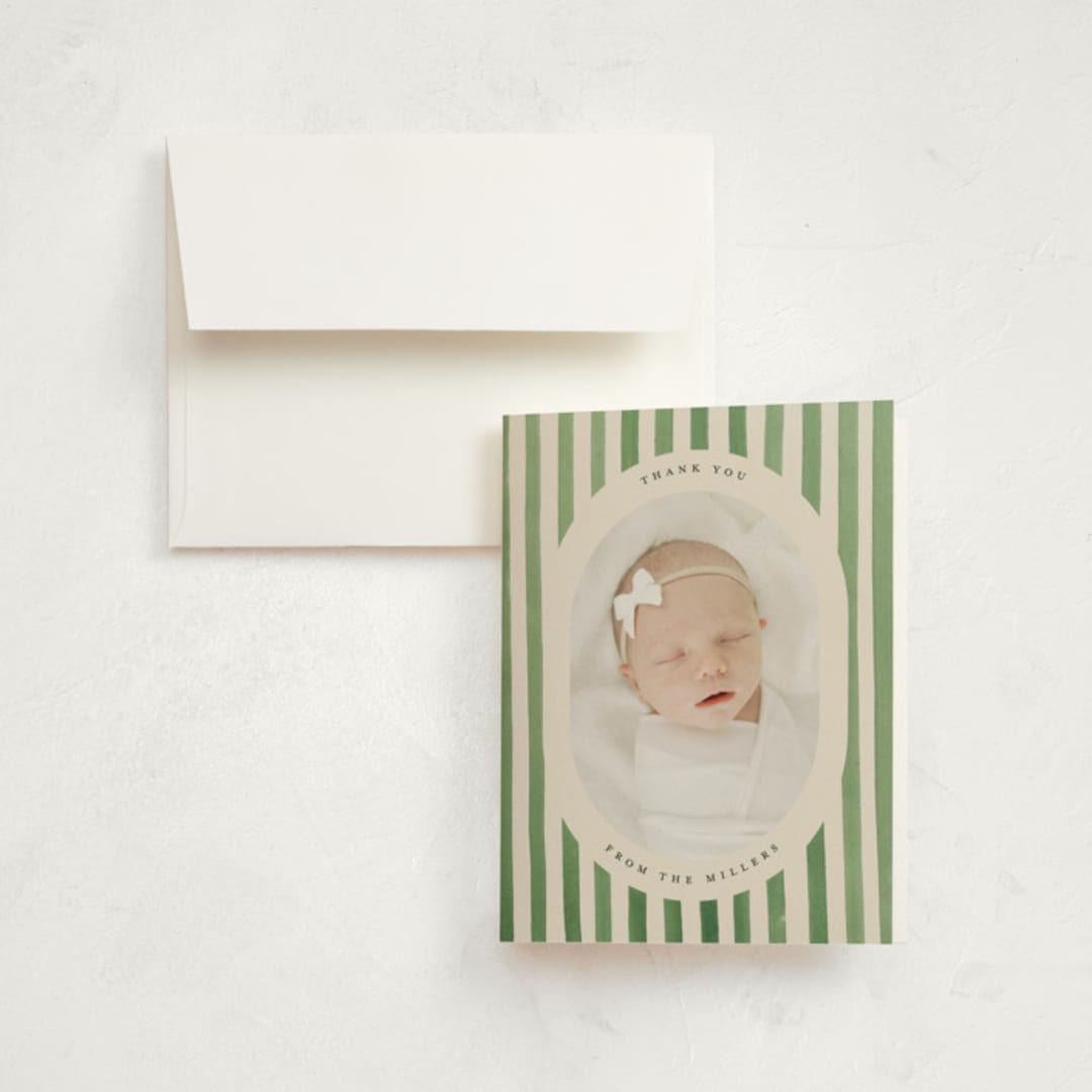 "Vintage Stripes" - Birth Announcement Thank You Cards in Candy Apple by Teju Reval - Front