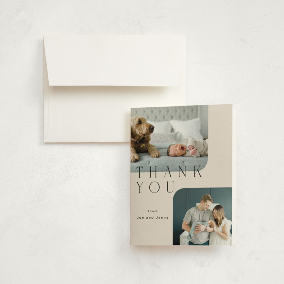 "Happy Overlay" - Birth Announcement Thank You Cards in Linen by Kelly Schmidt - Front