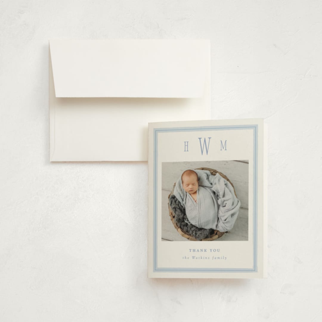 "Crest" - Birth Announcement Thank You Cards in Sky by Corinne Malesic - Front