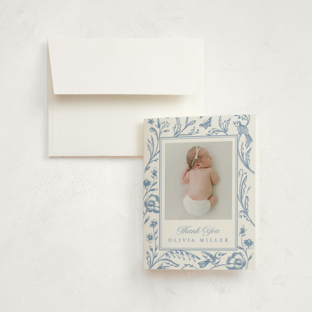 "Dreamy Garden" - Birth Announcement Thank You Cards in Cloud by Teju Reval - Front