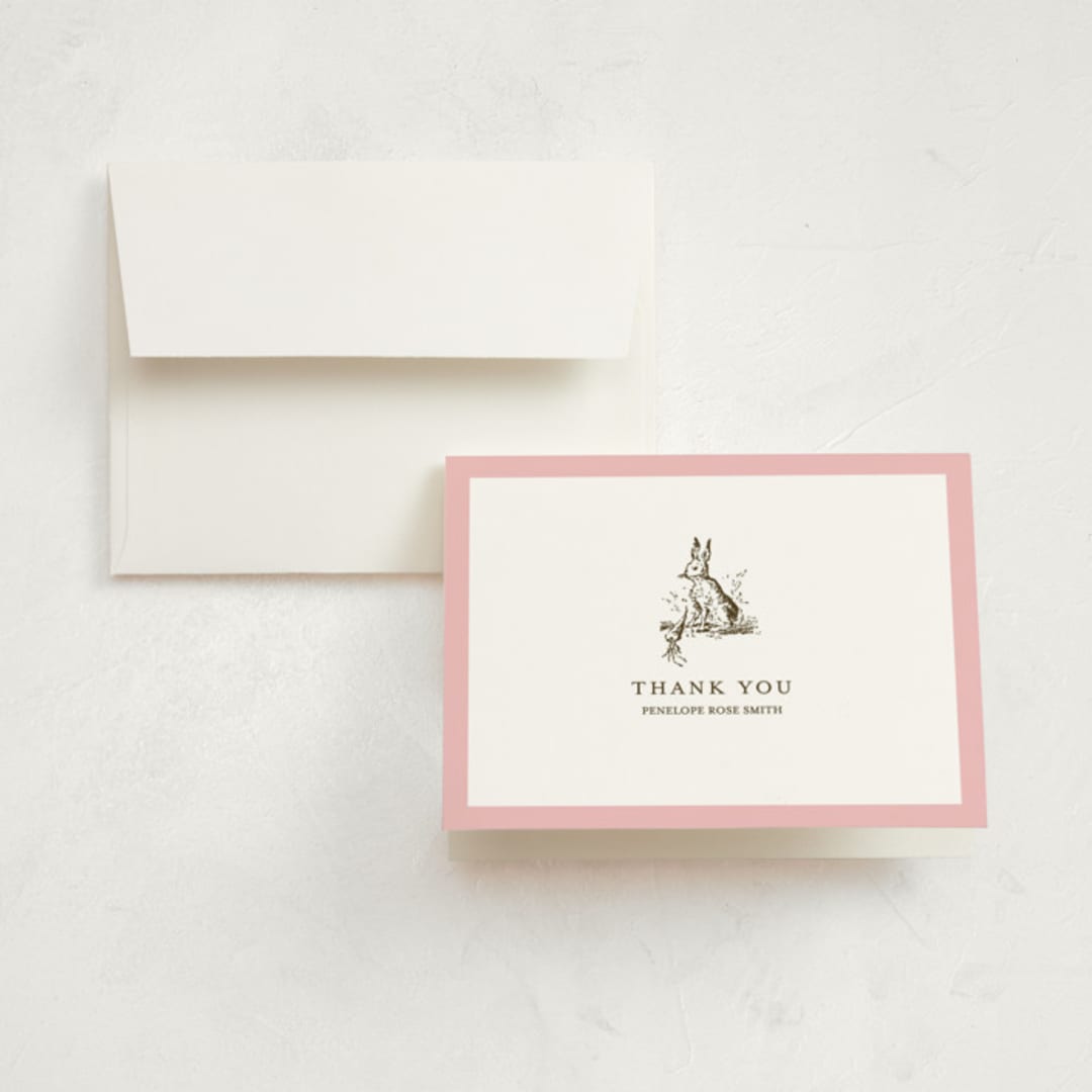 "Classic Bunny" - Birth Announcement Thank You Cards in Blush by Megan Davis - Front