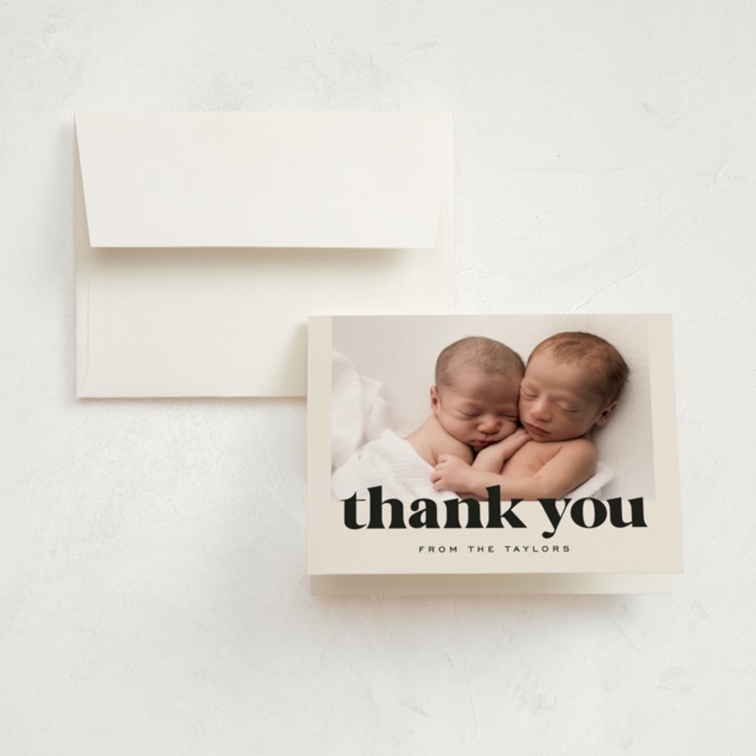 "Ampersand Duo" - Birth Announcement Thank You Cards in Ivory by Alethea and Ruth - Front