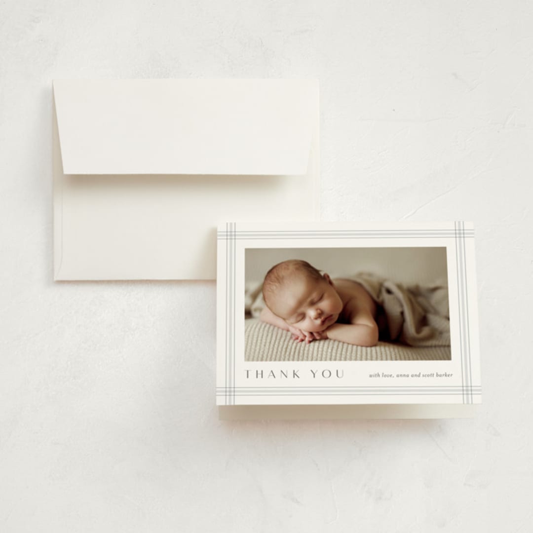 "Soft plaid" - Birth Announcement Thank You Cards in Cement by Stacey Meacham - Front