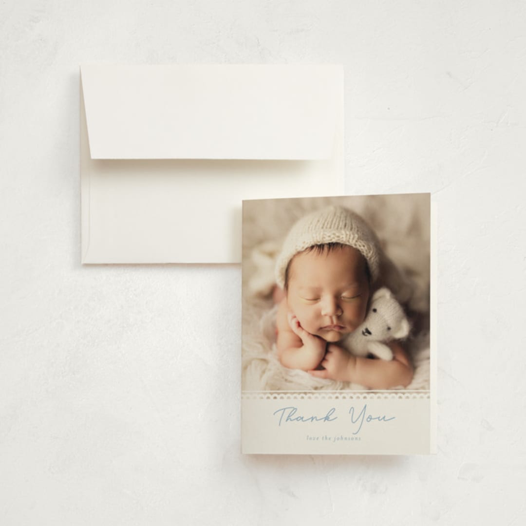 "Stitched Frame" - Birth Announcement Thank You Cards in Sky by Nicole Walsh - Front
