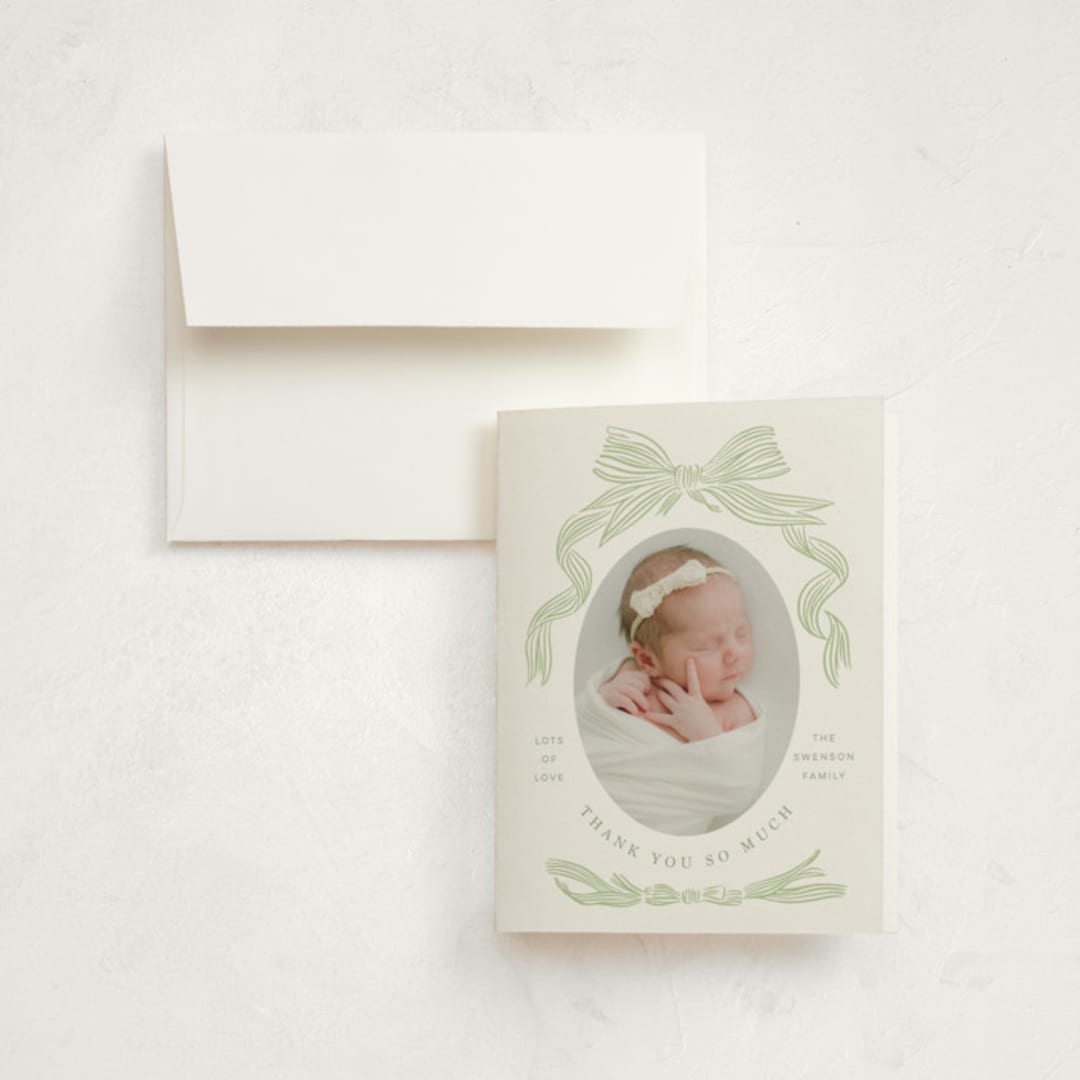 "Ribbon Bow Frame" - Birth Announcement Thank You Cards in Mint by Stephanie Hawkes - Front