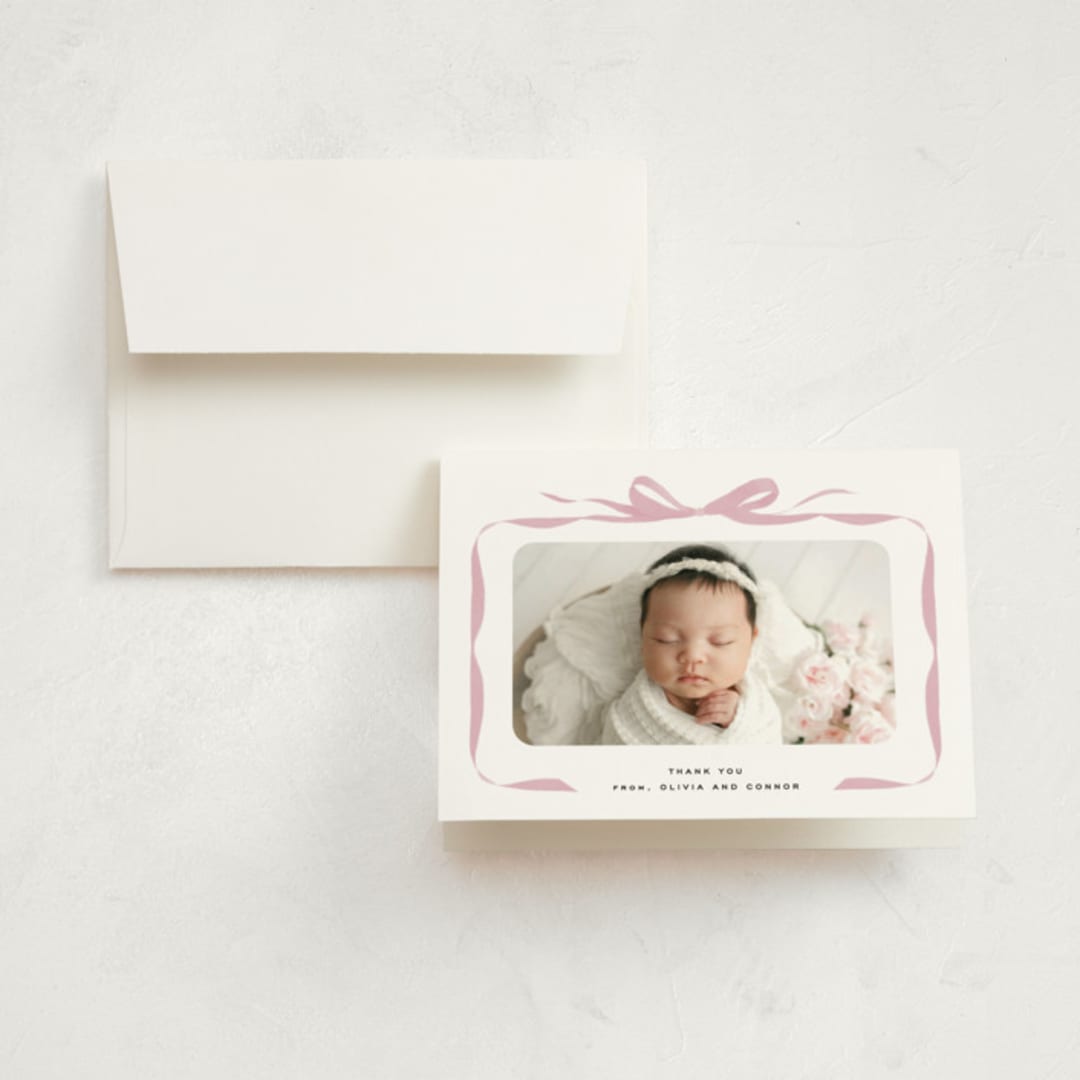 "Bow" - Birth Announcement Thank You Cards in Poppy by Olivia Kanaley Inman - Front