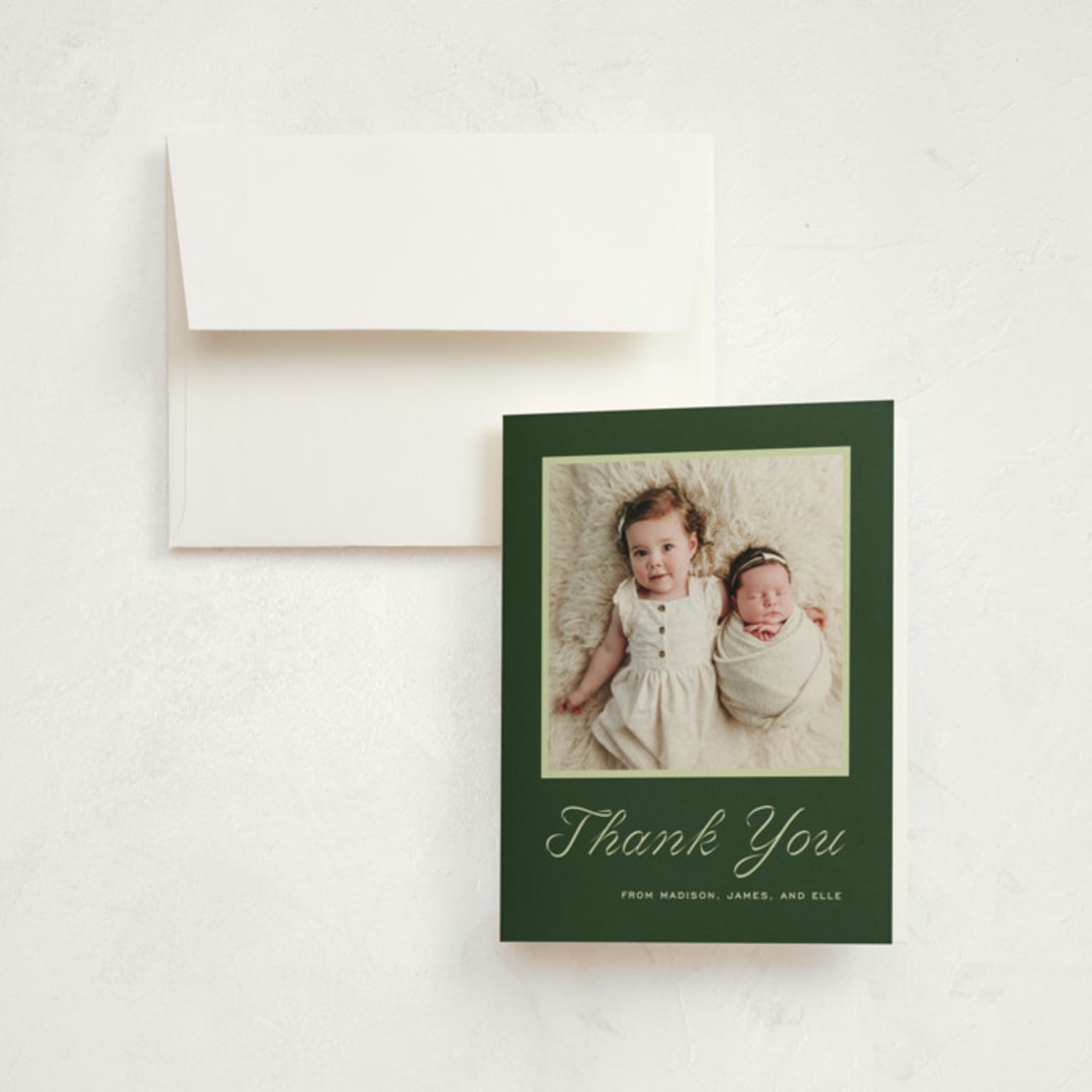 "cotillion" - Birth Announcement Thank You Cards in Evergreen by Megan Davis - Front