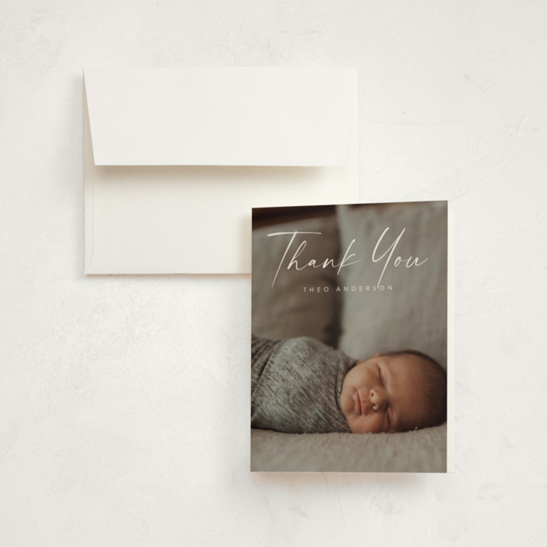 "Complete" - Birth Announcement Thank You Cards in Linen by Kasia Labocki - Front
