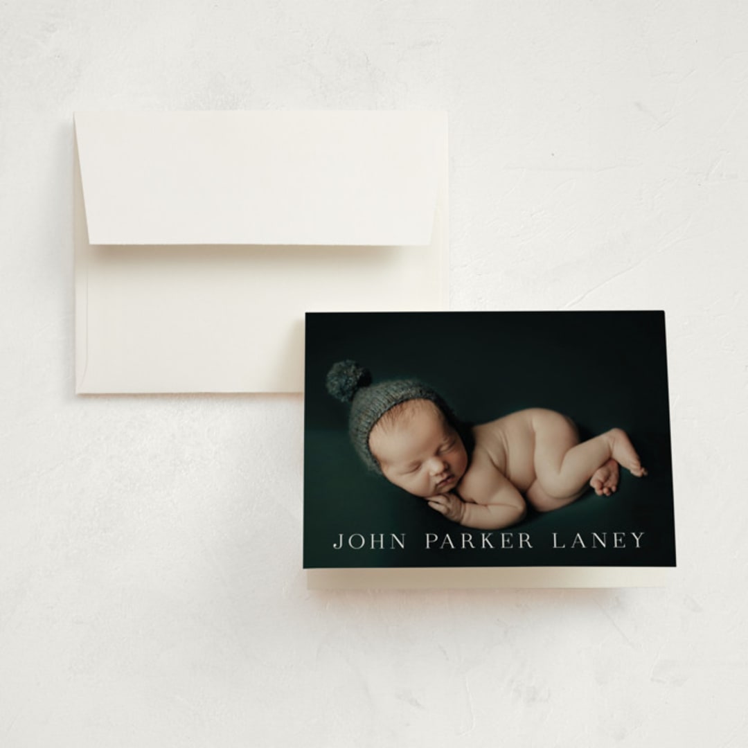"Typeset" - Birth Announcement Thank You Cards in Cotton by Megan Davis - Front