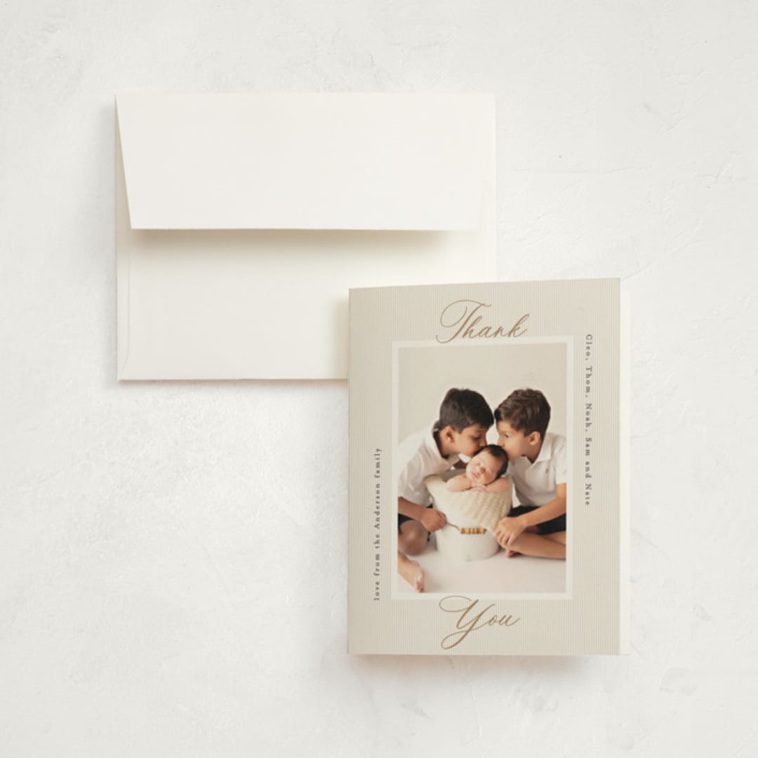 "Sweet Stripes" - Birth Announcement Thank You Cards in Sand by Gwen Bedat - Front