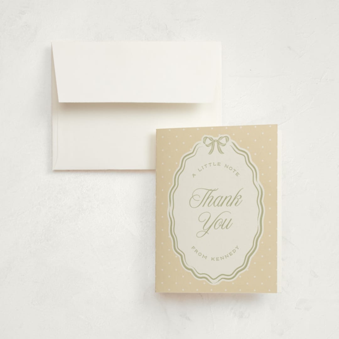 "Bow Frame" - Birth Announcement Thank You Cards in Sage by Robert and Stella - Front