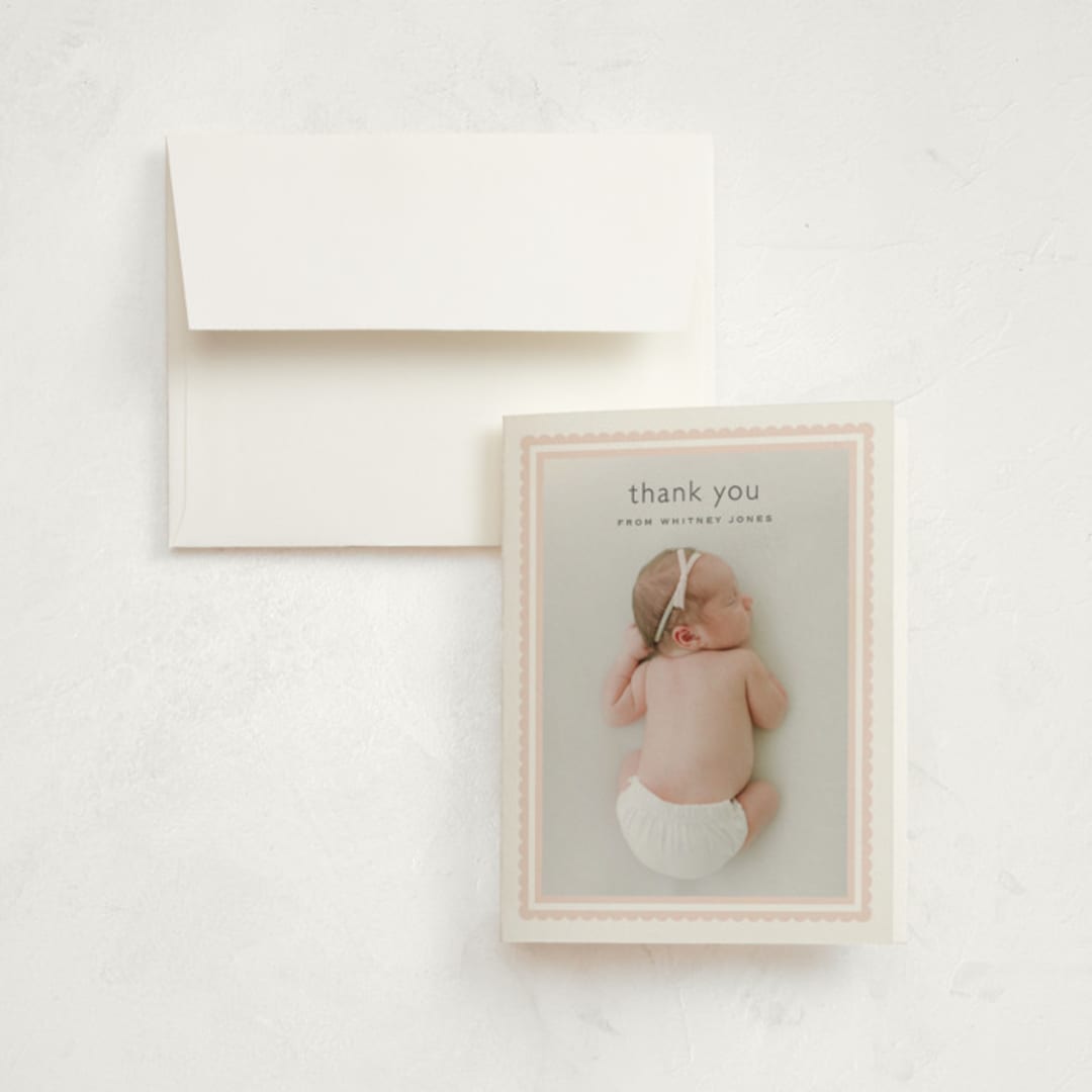 "Scalloped Border" - Birth Announcement Thank You Cards in Baby Blush by Carolyn MacLaren - Front