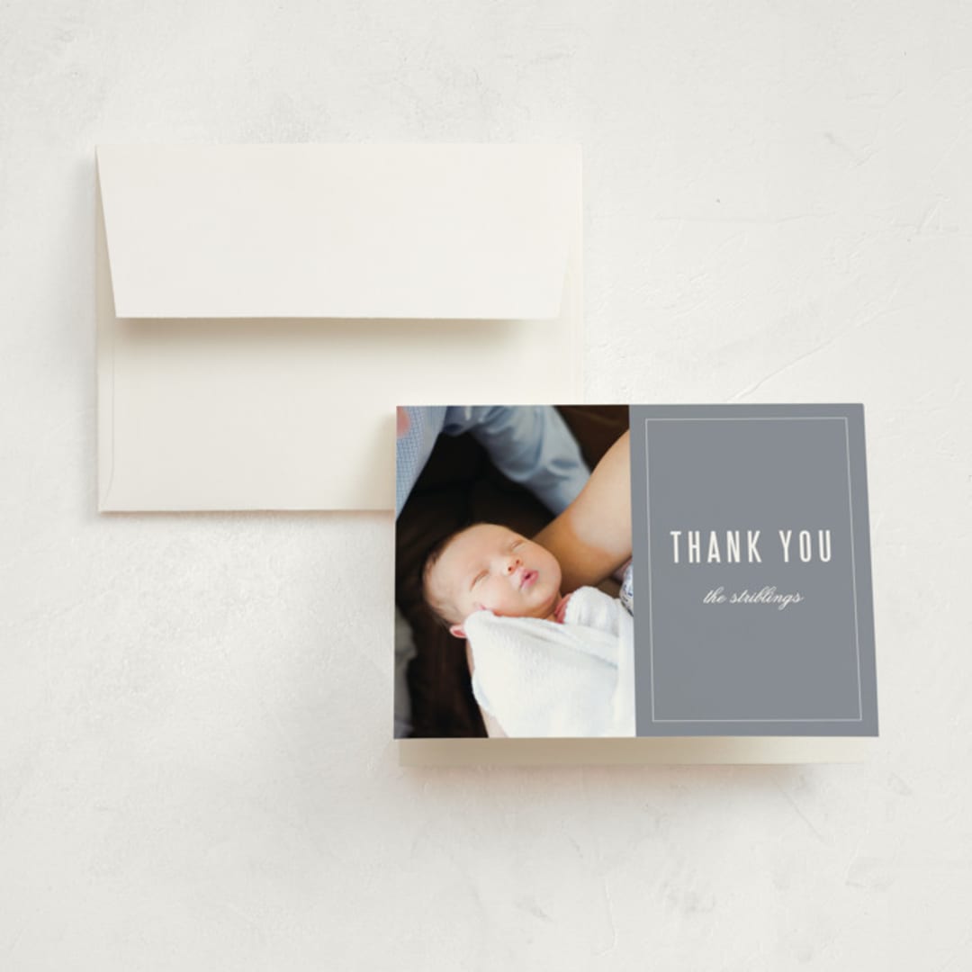 "Distinguished" - Birth Announcement Thank You Cards in Graphite by Sara Hicks Malone - Front