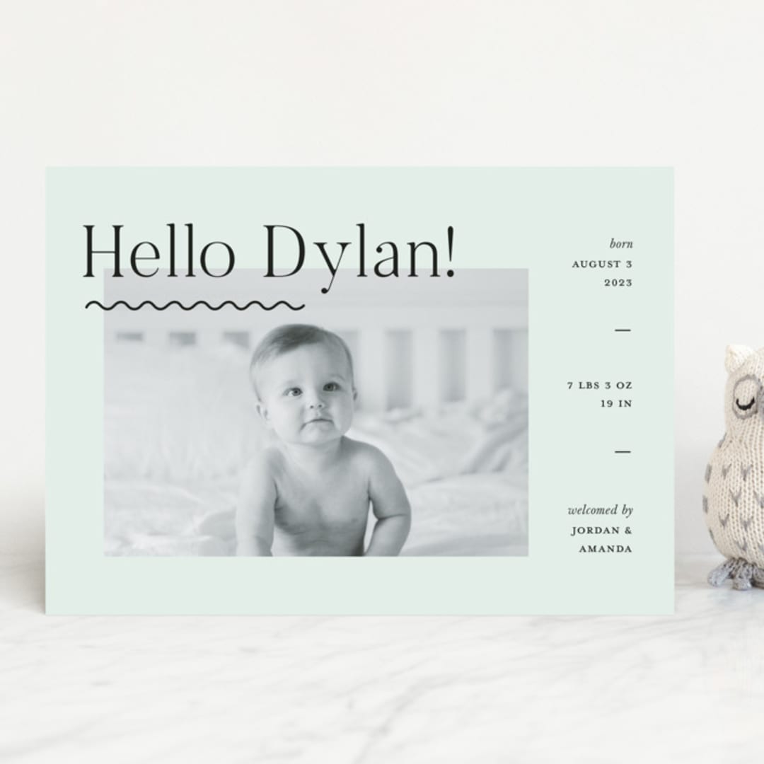"Wavy Hello" - Birth Announcements in Moss by Pixel and Hank - Front