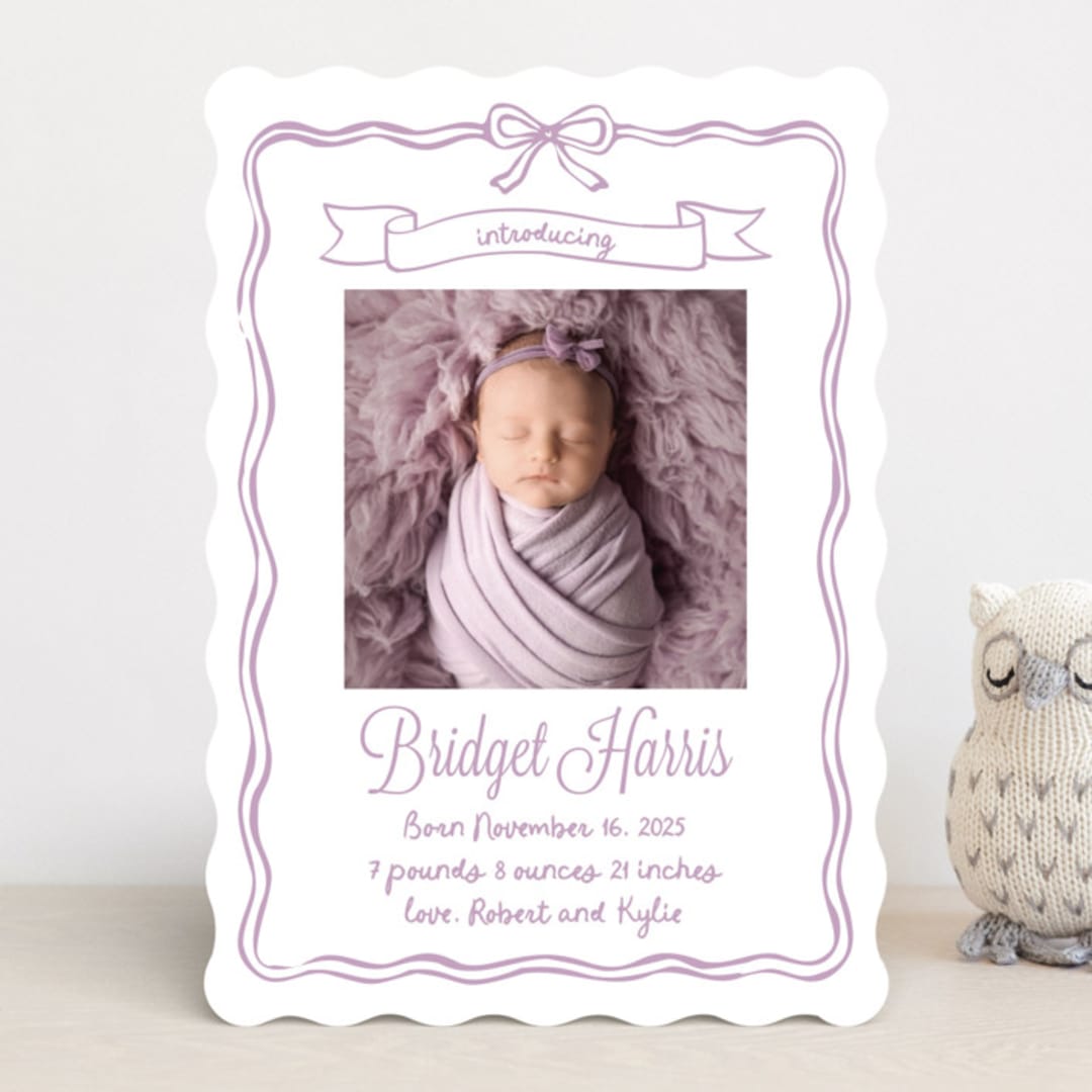 "Bow Frame" - Birth Announcements in Lavander by Cass Loh - Front