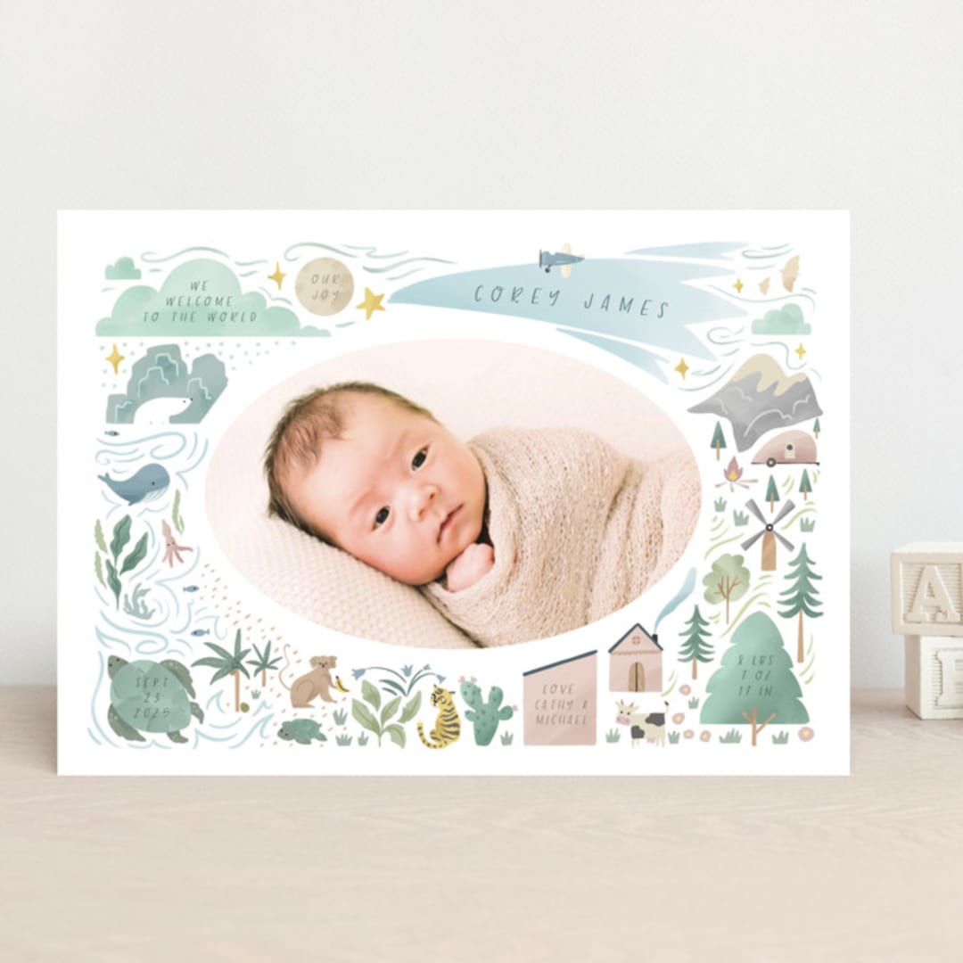 "A Wonderful World" - Birth Announcements in Blue Jay by Grae - Front
