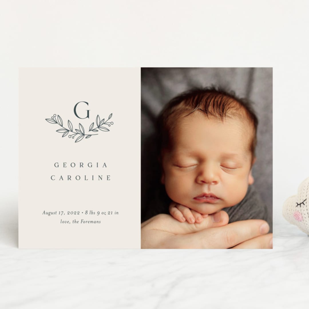 "Laurel Crest" - Birth Announcements in Muslin by Jessica Williams - Front
