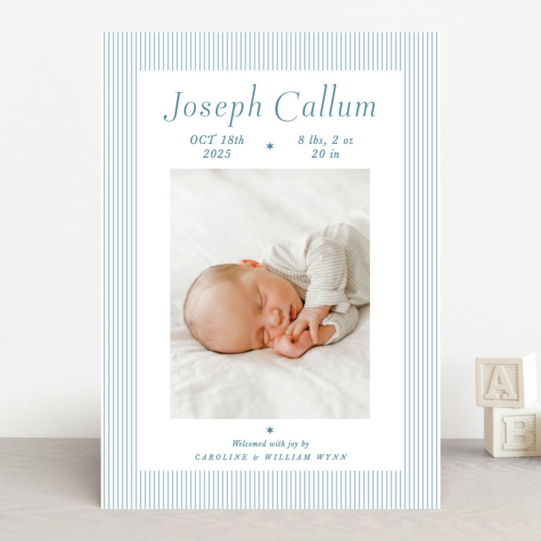 "Sweet Stripes" - Birth Announcements in Baby Blue by Alston Foster - Front
