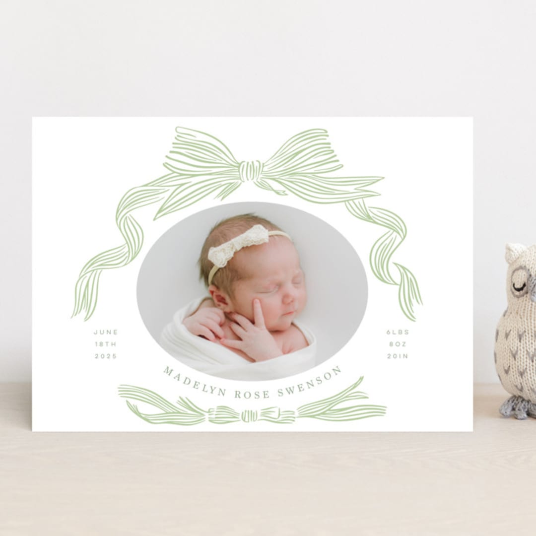 "Ribbon Bow Frame" - Birth Announcements in Mint by Stephanie Hawkes - Front