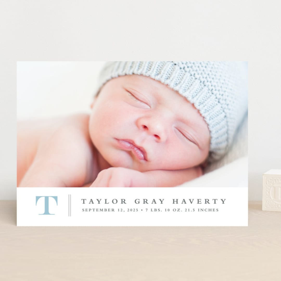 "Stately monogram" - Birth Announcements in Powder by Stacey Meacham - Front