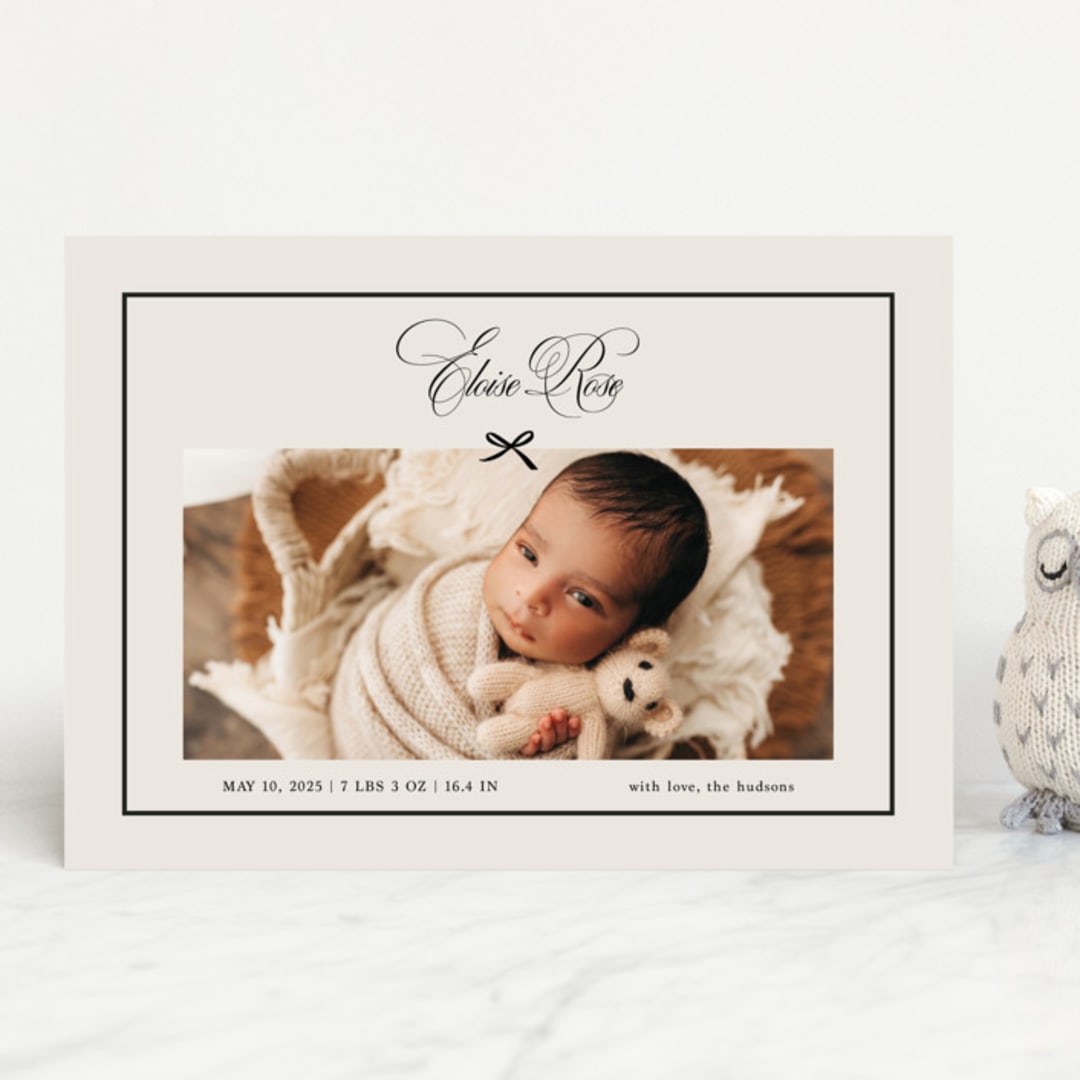 "Elegant Bow Holiday" - Birth Announcements in Charcoal by Chelsea Petaja - Front