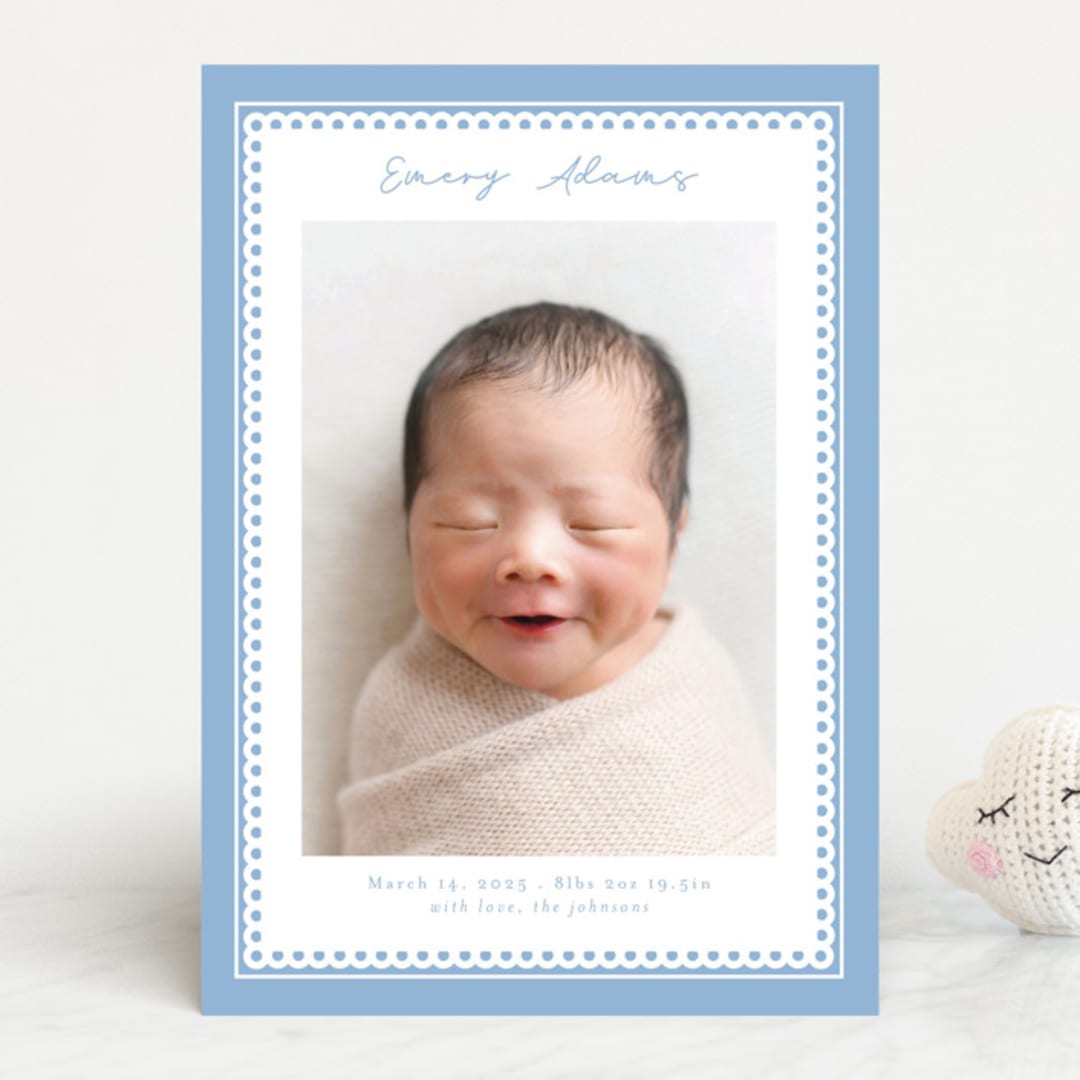 "Stitched Frame" - Birth Announcements in Sky by Nicole Walsh - Front