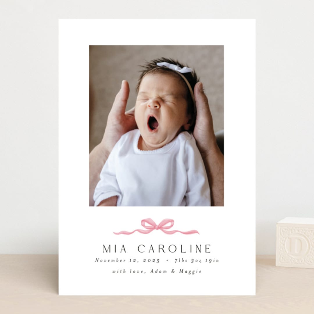 "Sweet Bow" - Birth Announcements in Cotton Candy by Paula Pecevich - Front