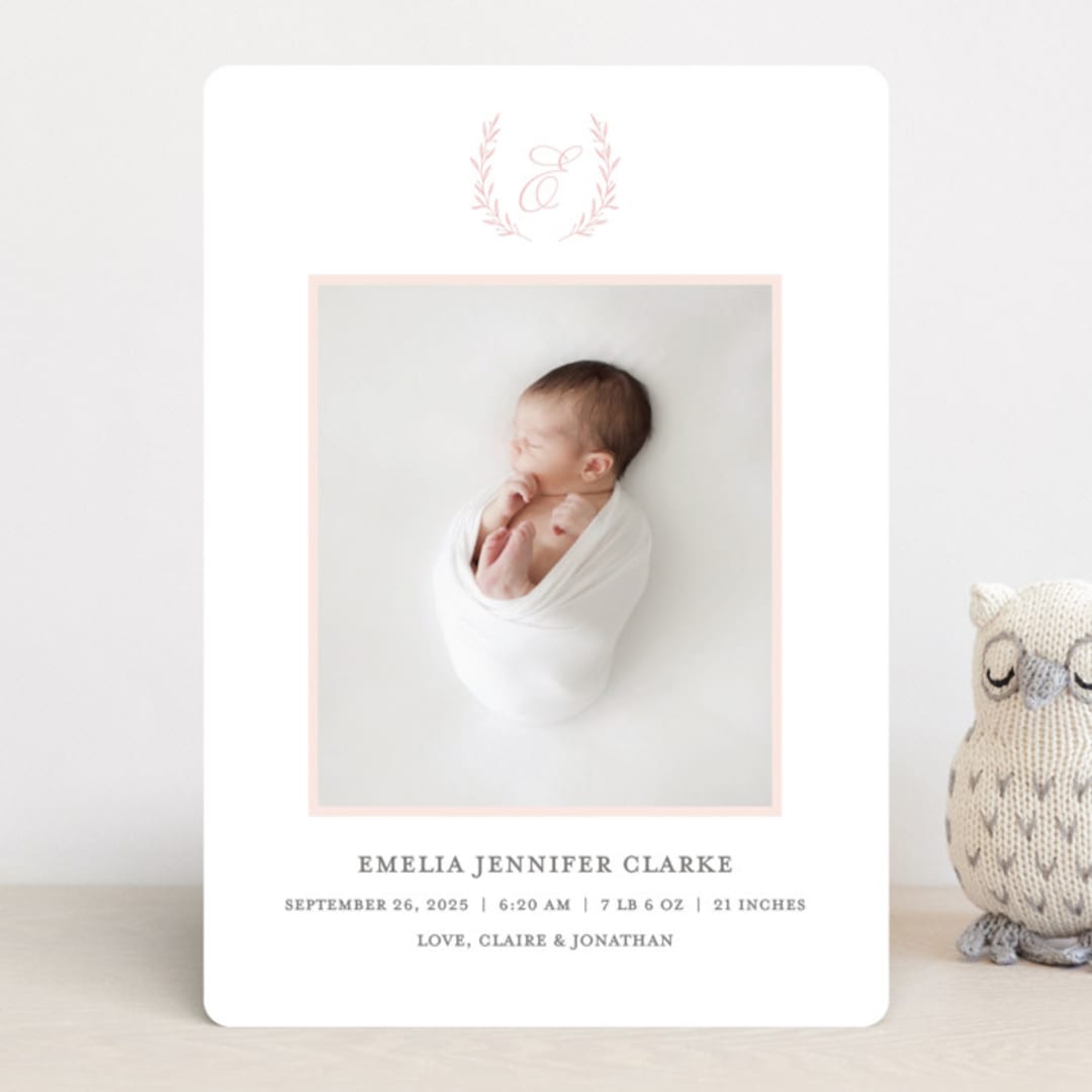 "Monogram Laurel" - Birth Announcements in Peony by Vanessa Doyle - Front