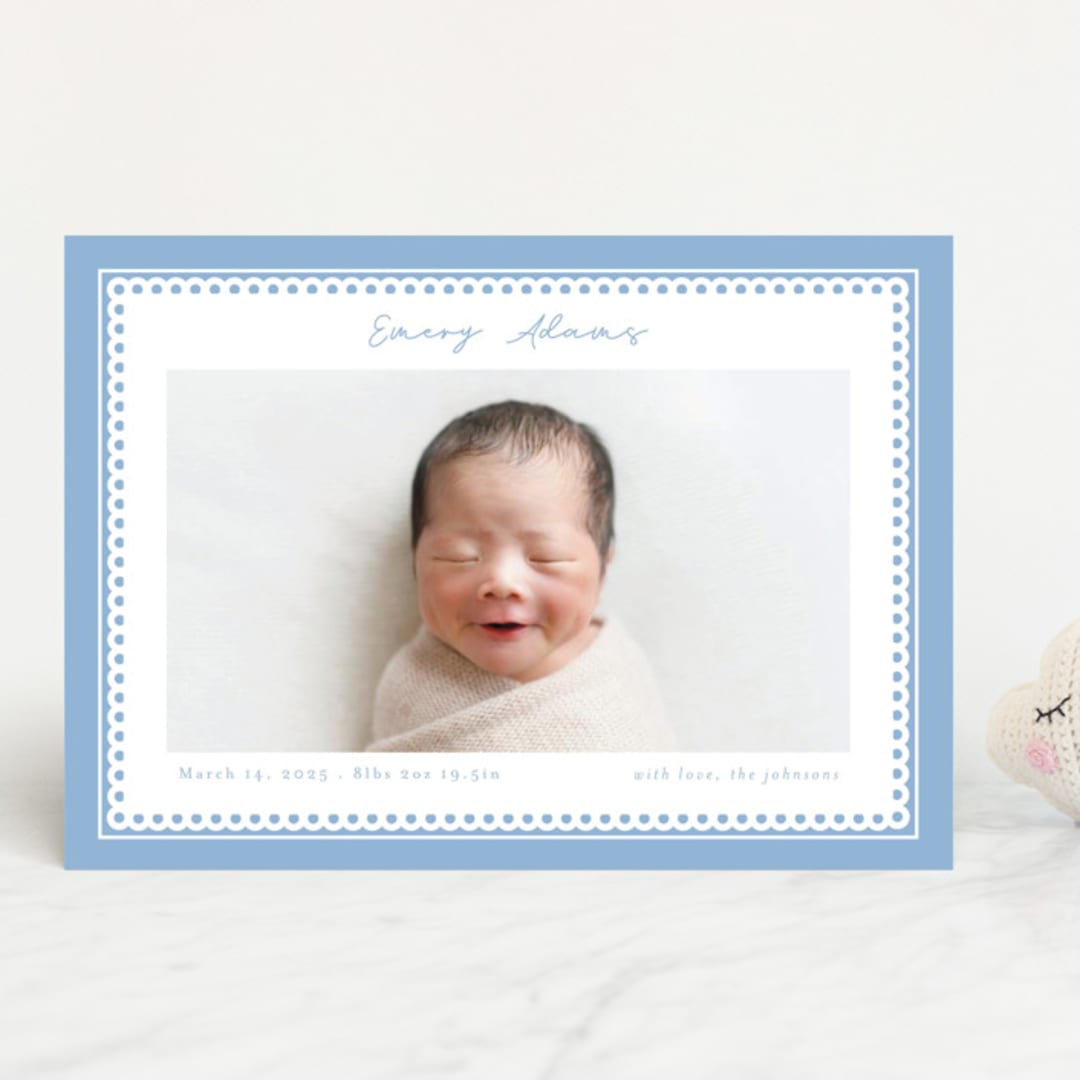 "Stitched Frame" - Birth Announcements in Sky by Nicole Walsh - Front