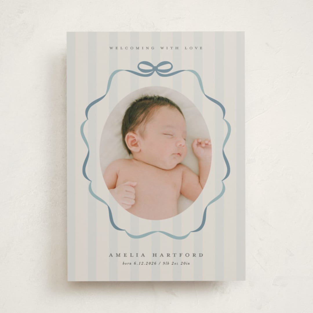 "bows and stripes" - Birth Announcements in Lagoon by Lori Wemple - Front