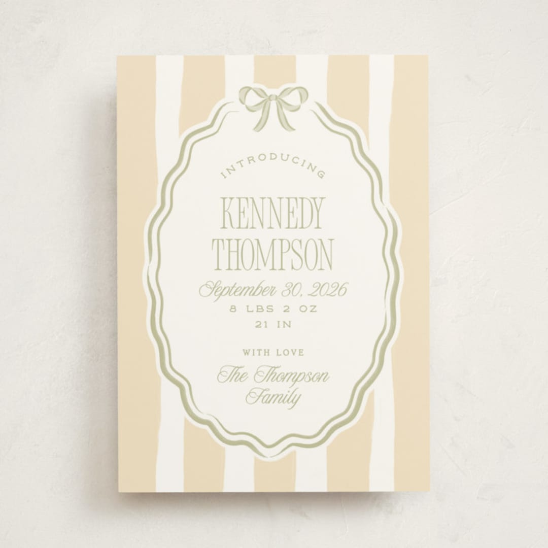"Bow Frame" - Birth Announcements in Sage by Robert and Stella - Front