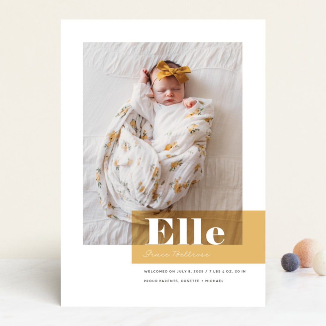 "Magazine Block" - Birth Announcements in Marigold by Maria Hilas-Louie - Front