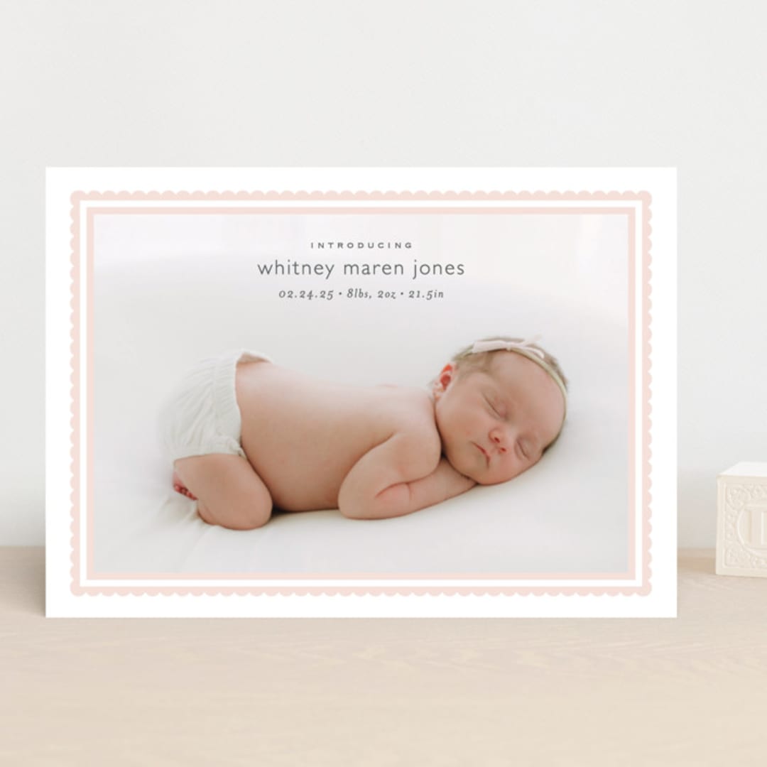 "Scalloped Border" - Birth Announcements in Baby Blush by Carolyn MacLaren - Front